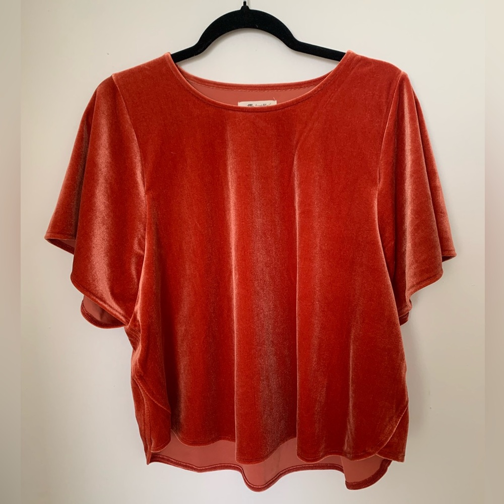 Orange velvet blouse with scallop sides and sleeves